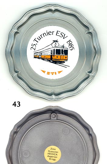 Pewter souvenir plate with hanging hook -- 25th Tournament of the shooting club (ESV) of the little BTI Railroad in NW Switzerland (Biel-Täuffelen-Ins Bahn), possibly now merged with the ASM and known as the 'ASM-BTI'; depicts tandem railcar; nearly like new; 6 oz. -- $10)